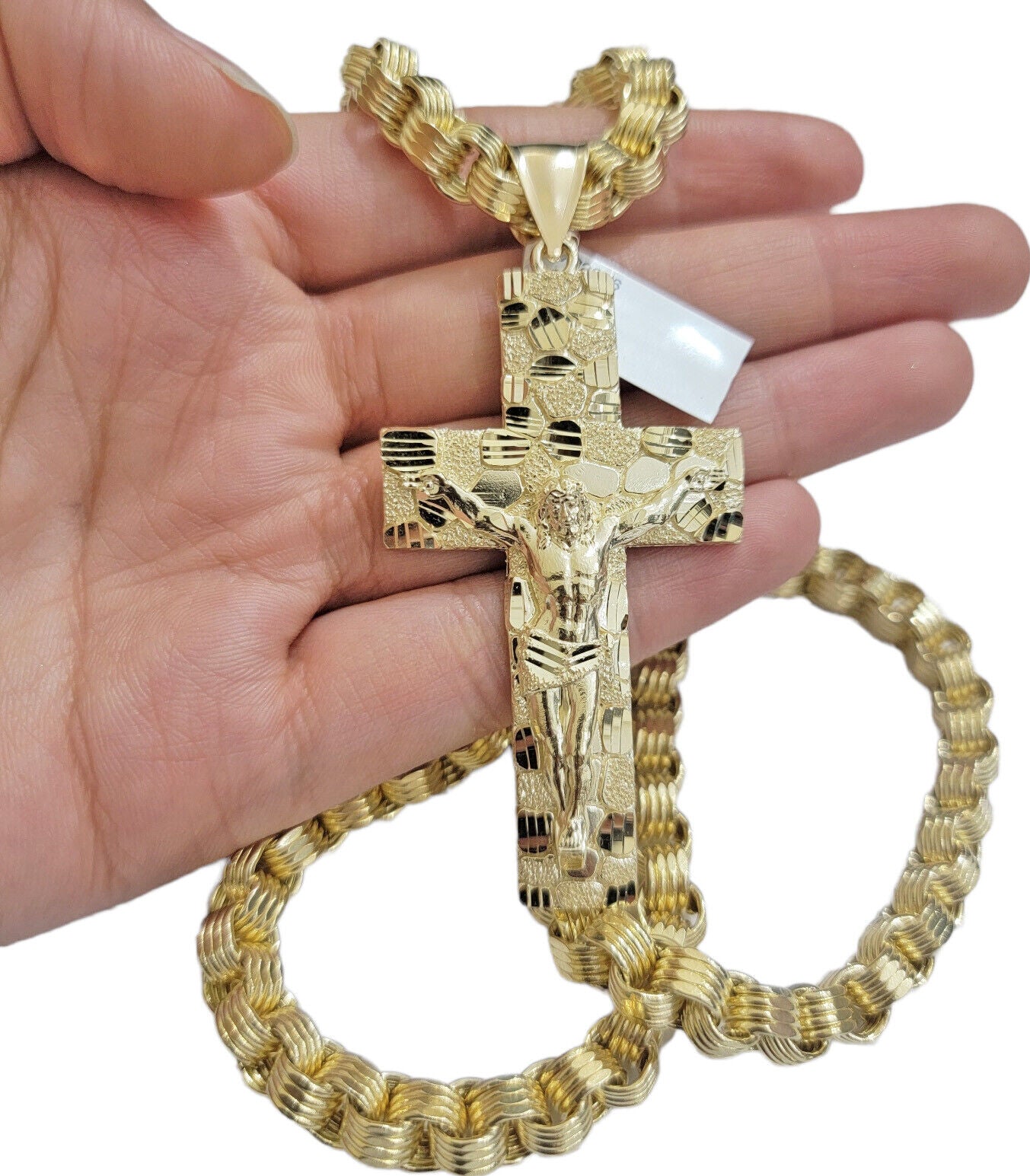 Real 10kt Yellow Gold Chain Pendant Byzantine Necklace Nugget Cross Charm SETS - Reva Jeweler