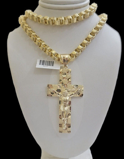 Real 10kt Yellow Gold Chain Pendant Byzantine Necklace Nugget Cross Charm SETS - Reva Jeweler