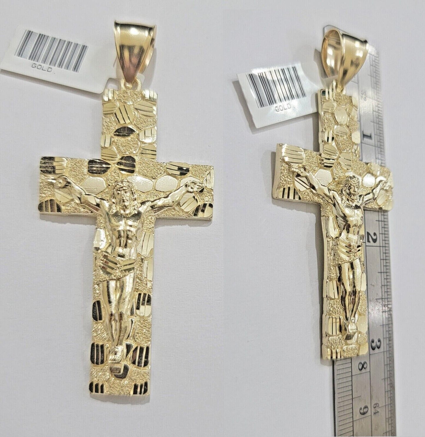 Real 10kt Yellow Gold Chain Pendant Byzantine Necklace Nugget Cross Charm SETS - Reva Jeweler