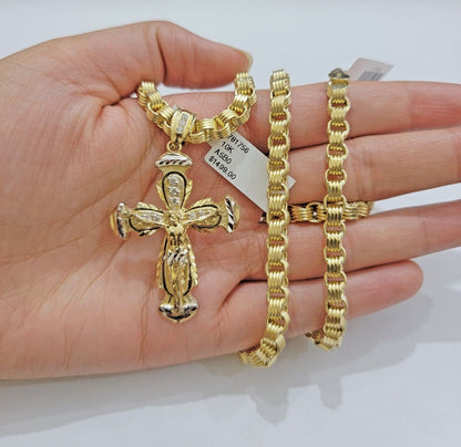 Real 10kt Yellow Gold Chain Pendant Set Byzantine Necklace 20" - 28" & Cross Charm - Reva Jeweler