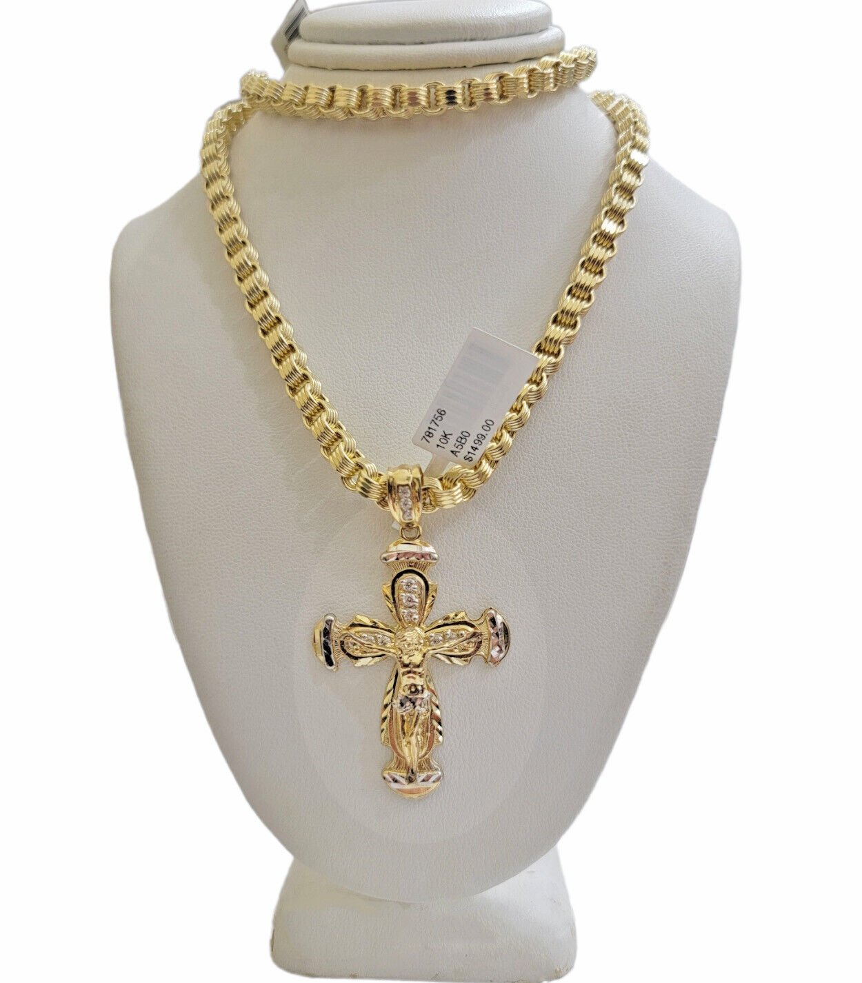 Real 10kt Yellow Gold Chain Pendant Set Byzantine Necklace 20" - 28" & Cross Charm - Reva Jeweler