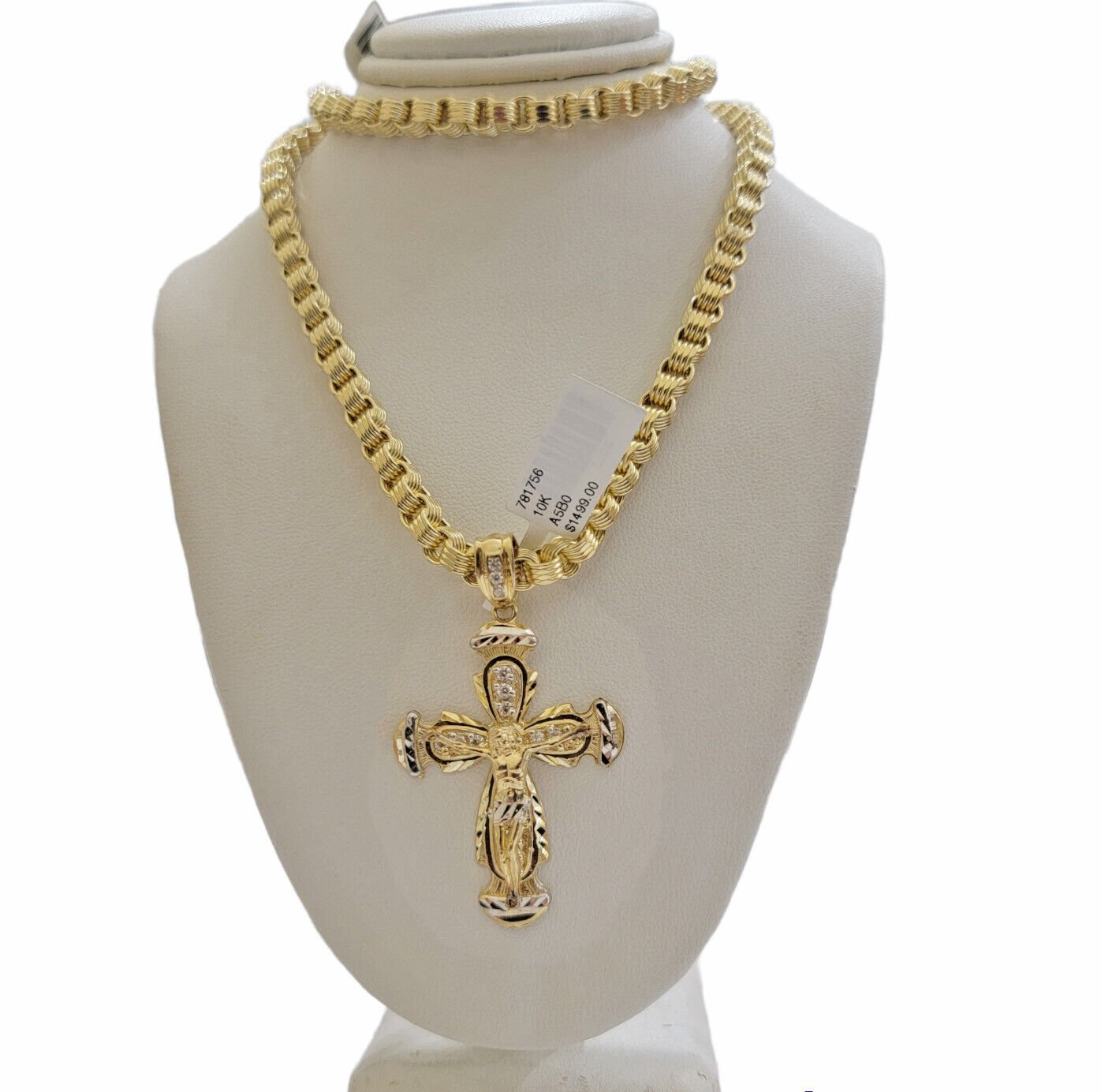 Real 10kt Yellow Gold Chain Pendant Set Byzantine Necklace 20" - 28" & Cross Charm - Reva Jeweler