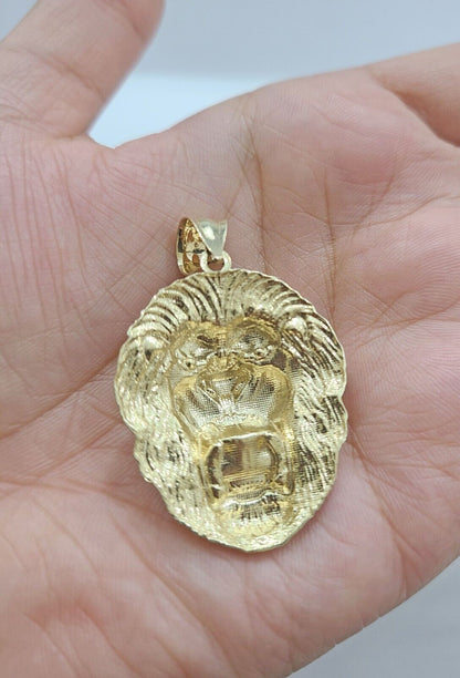 Real 10kt Yellow Gold Lion Head Pendant charm 1.5" for Necklace and chain Mens - GoldenlinQ