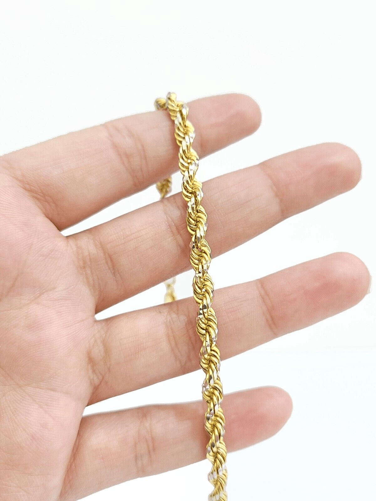 Real 10kt Yellow Gold Rope Bracelet Solid link 8 Inches 4mm Diamond Cut Two - Tone - Reva Jeweler