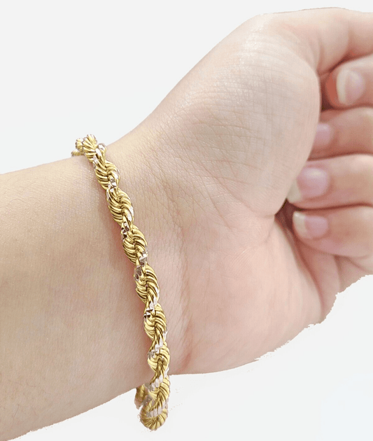 Real 10kt Yellow Gold Rope Bracelet Solid link 8 Inches 4mm Diamond Cut Two - Tone - Reva Jeweler