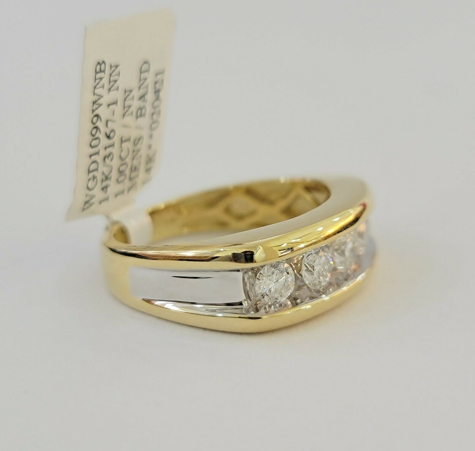 Real 14k 1CT Diamond Ring Men's Band channel - set round diamond Two - Tone Gold - Reva Jeweler