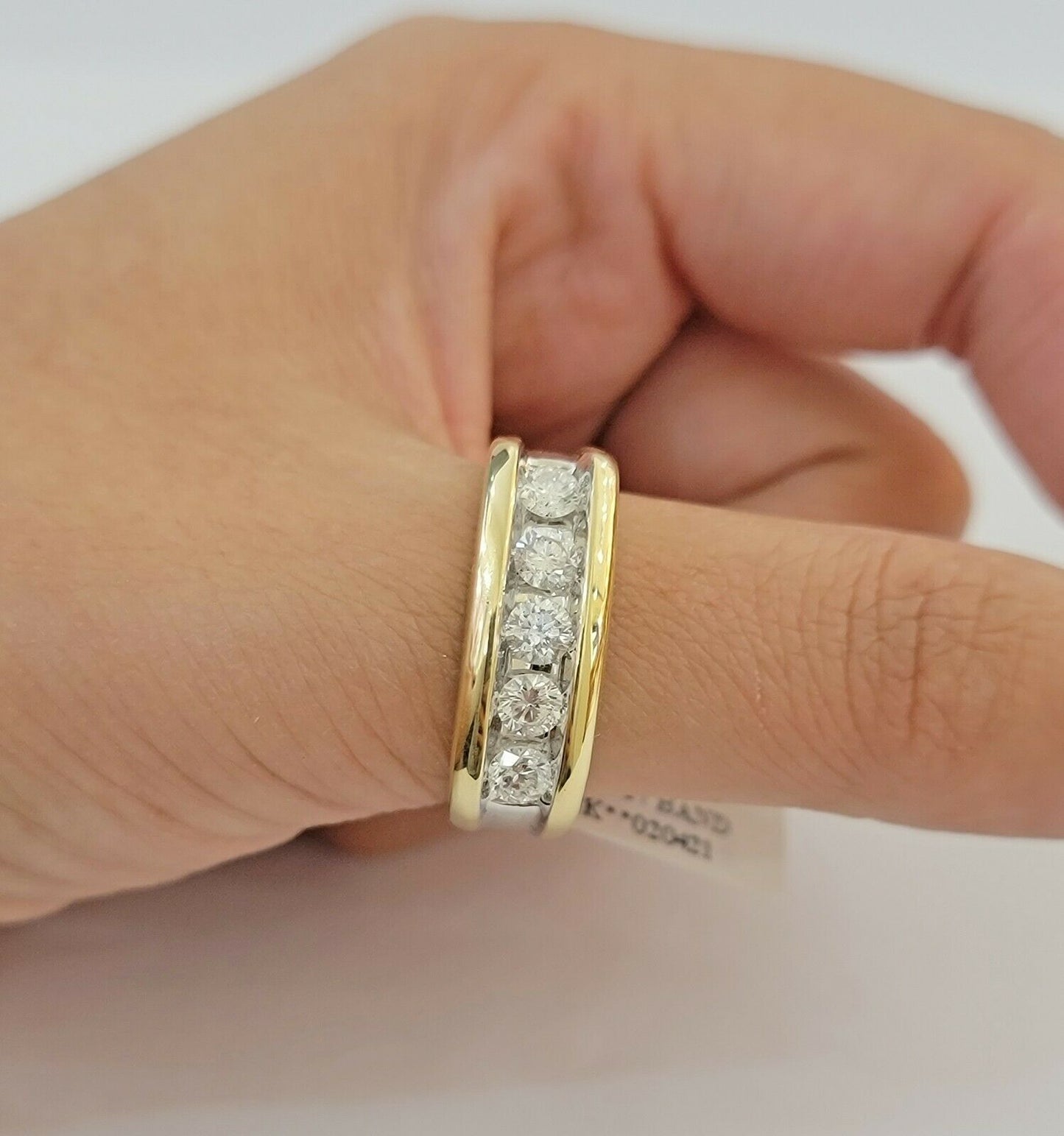 Real 14k 1CT Diamond Ring Men's Band channel - set round diamond Two - Tone Gold - Reva Jeweler