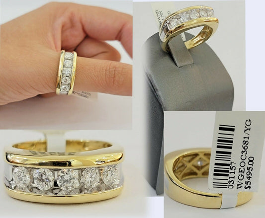 Real 14k 1CT Diamond Ring Men's Band channel - set round diamond Two - Tone Gold - Reva Jeweler