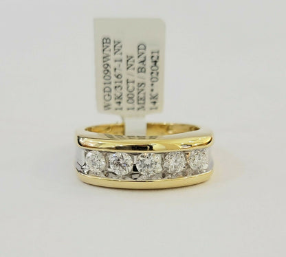 Real 14k 1CT Diamond Ring Men's Band channel - set round diamond Two - Tone Gold - Reva Jeweler