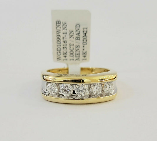 Real 14k 1CT Diamond Ring Men's Band channel - set round diamond Two - Tone Gold - Reva Jeweler