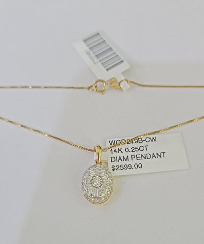 Real 14k Box Chain Diamond Pendant Yellow Gold Necklace Set Women