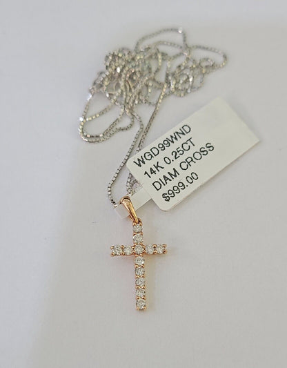 Real 14k Box Chain Jesus Cross Diamond Pendant Gold Necklace SET Women