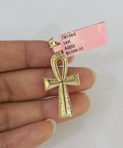 Real 14k Chain Cross Charm Set Miami Cuban Link 4mm Necklace Pendant Yellow Gold