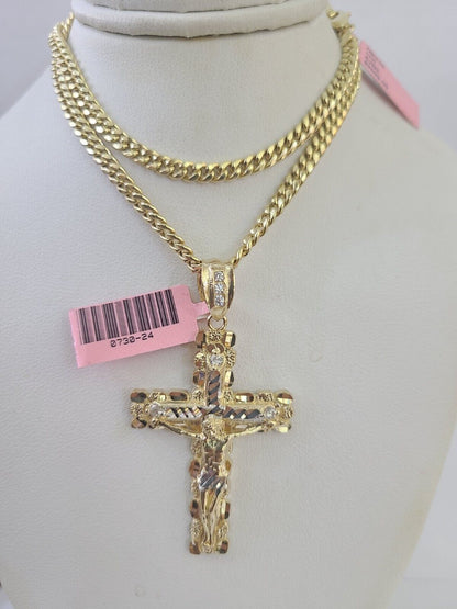 Real 14k Chain Cross Charm Set Miami Cuban Link 4mm Necklace Pendant Yellow Gold