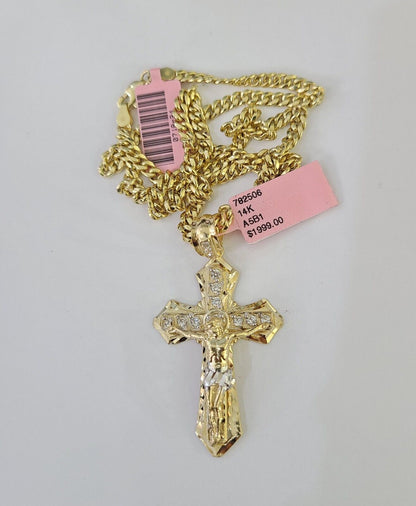 Real 14k Chain Cross Charm Set Miami Cuban Link 4mm Necklace Pendant Yellow Gold
