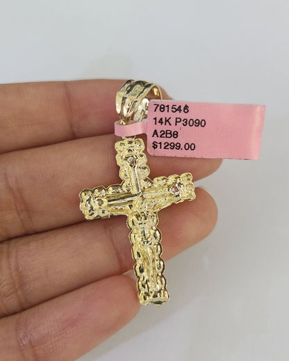 Real 14k Chain Cross Charm Set Miami Cuban Link 4mm Necklace Pendant Yellow Gold - Reva Jeweler