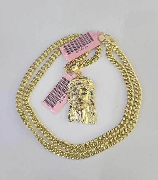 Real 14k Chain Jesus Head Charm Set Miami Cuban Link 4mm Necklace Pendant