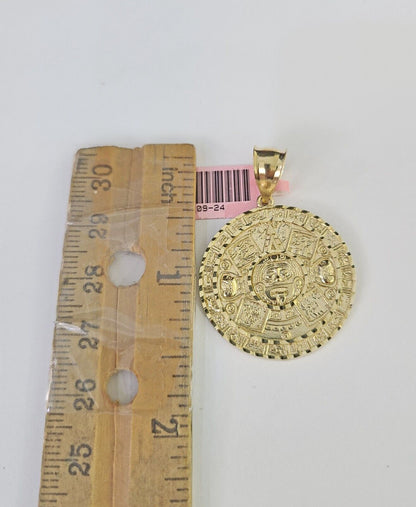 Real 14k Chain Mayan Calendar Charm Set Miami Cuban Link 4mm Necklace Pendant