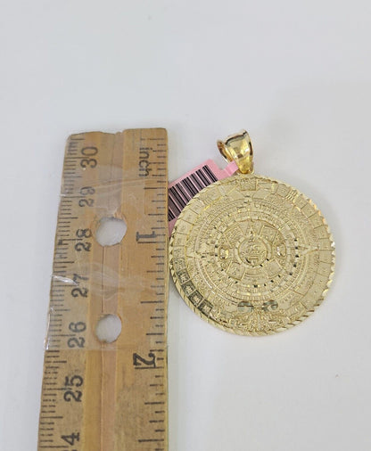 Real 14k Chain Mayan Calendar Charm Set Miami Cuban Link 4mm Necklace Pendant