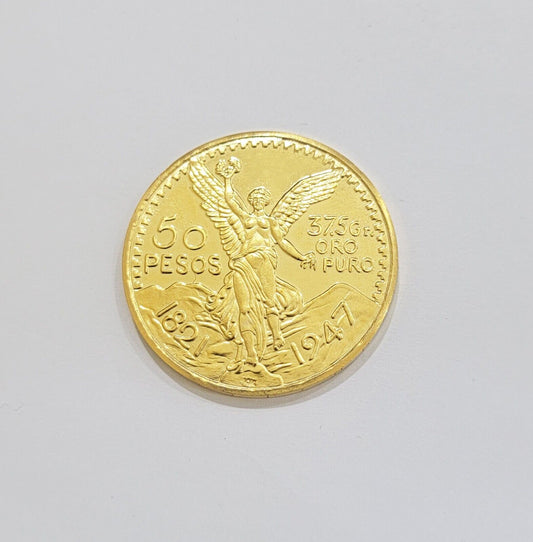 REAL 14K Coin 1947 Mexican Centenaro 50 Gold Pesos Copy Solid 14kt Yellow Gold - Reva Jeweler