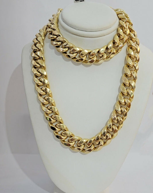 Real 14k Gold 13mm Chain Necklace Miami Cuban Link 24" Men 14kt Yellow Gold - Reva Jeweler
