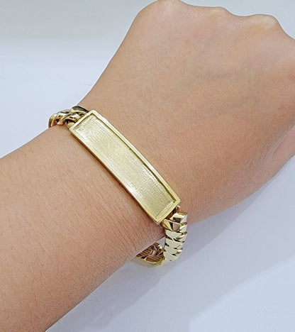 Real 14k Gold Bracelet ID Name Plate 8 Inch Miami Cuban Link 10mm Men SOLID 14KT - Reva Jeweler