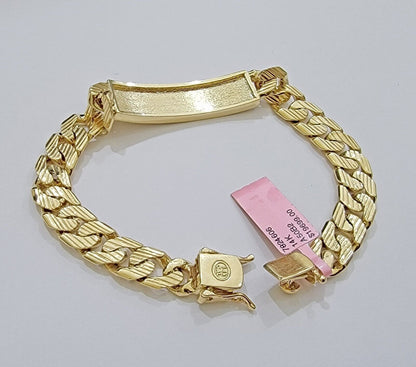Real 14k Gold Bracelet ID Name Plate 8 Inch Miami Cuban Link 10mm Men SOLID 14KT - Reva Jeweler
