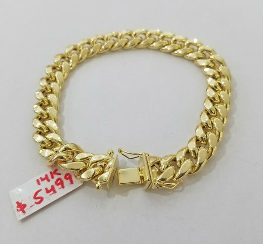 REAL 14k Gold Bracelet Miami Cuban Link 9" Inch 9mm Mens 10kt Yellow Gold,STRONG - Reva Jeweler