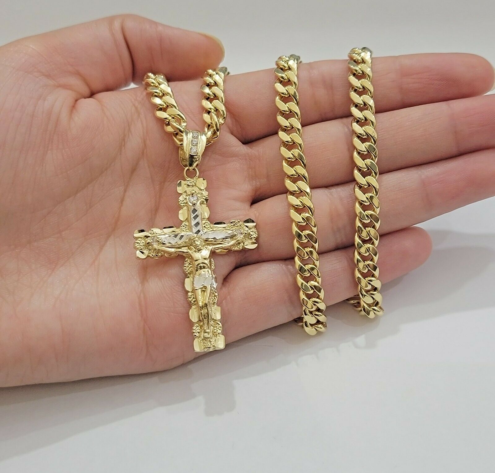 Real 14k Gold Chain Cross Pendant Necklace SET Miami Cuban Link 7mm 22" - 28" 14kt - Reva Jeweler