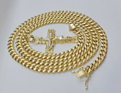 Real 14k Gold Chain Cross Pendant Necklace SET Miami Cuban Link 7mm 22" - 28" 14kt - Reva Jeweler