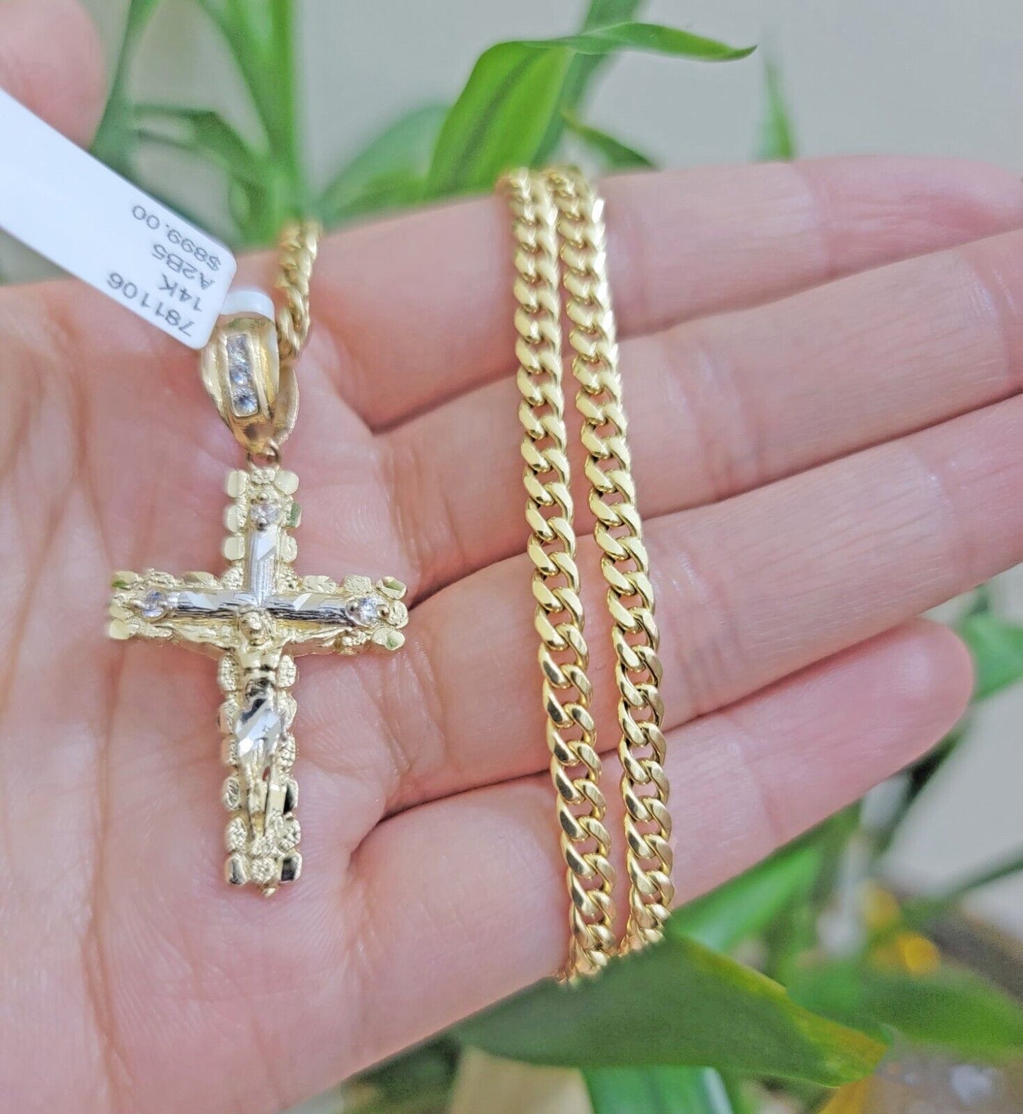 Real 14k Gold Chain & Cross pendant Set 14kt Miami Cuban Link Chain 4mm & Cham - Reva Jeweler
