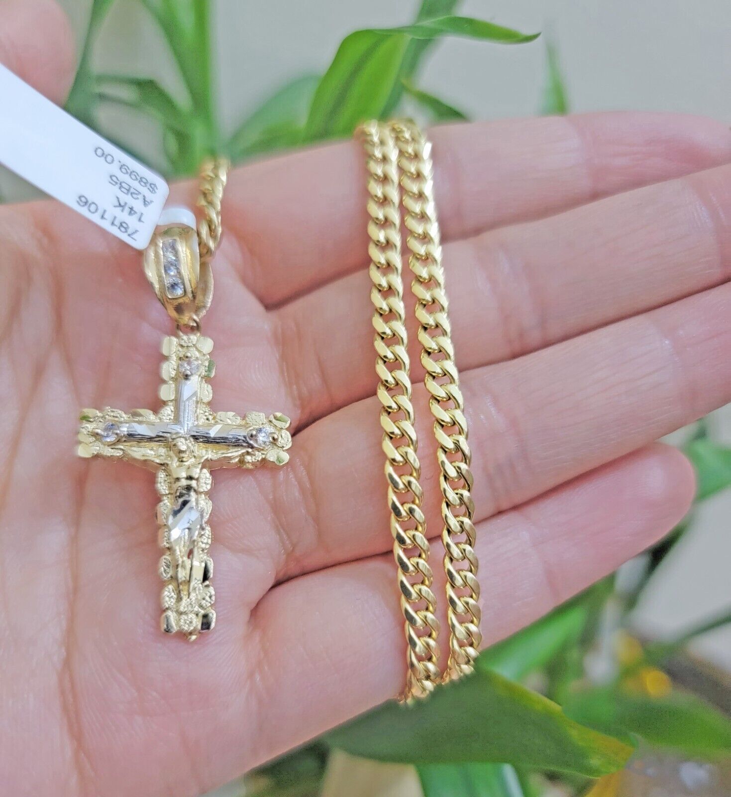 Real 14k Gold Chain & Cross pendant Set 14kt Miami Cuban Link Chain 4mm & Cham - Reva Jeweler