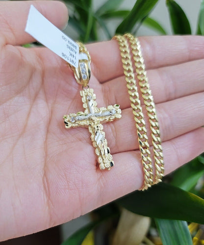 Real 14k Gold Chain & Cross pendant Set 14kt Miami Cuban Link Chain 4mm & Cham - Reva Jeweler
