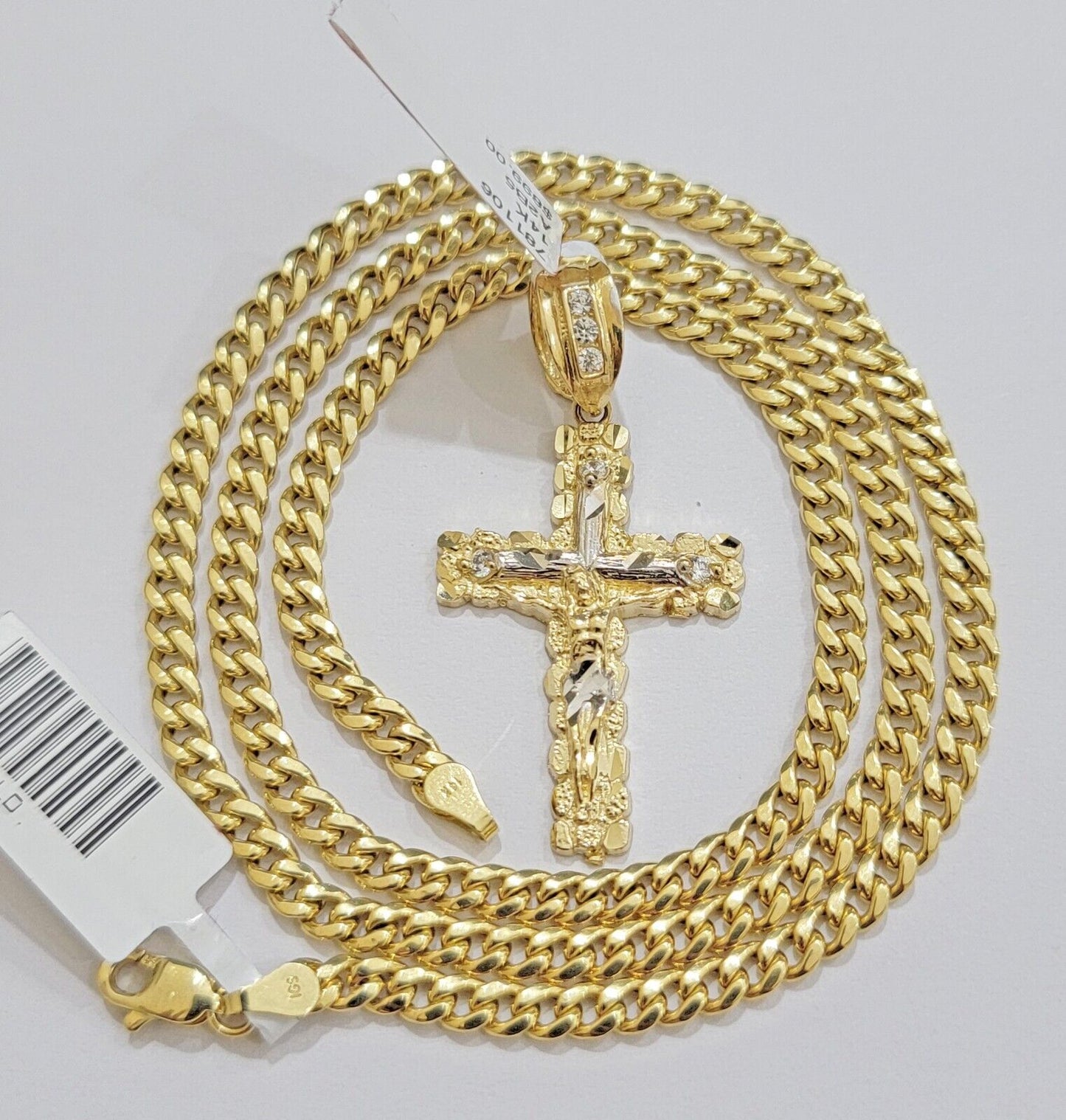 Real 14k Gold Chain & Cross pendant Set 14kt Miami Cuban Link Chain 4mm & Cham - Reva Jeweler