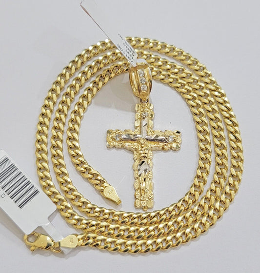 Real 14k Gold Chain & Cross pendant Set 14kt Miami Cuban Link Chain 4mm & Cham - Reva Jeweler