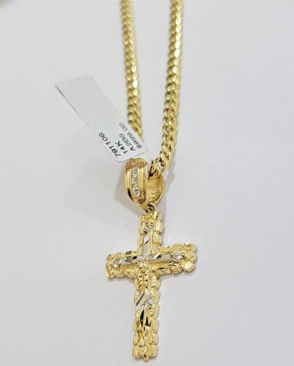 Real 14k Gold Chain & Cross pendant Set 14kt Miami Cuban Link Chain 4mm & Cham - Reva Jeweler