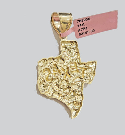 Real 14k Gold Charm Nugget Texas map pendant &14K Miami Cuban Chain Necklace Set - Reva Jeweler