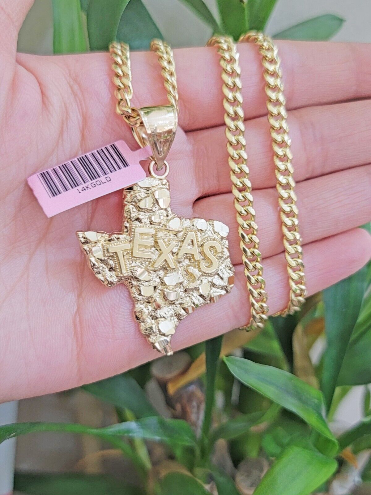Real 14k Gold Charm Nugget Texas map pendant &14K Miami Cuban Chain Necklace Set - Reva Jeweler