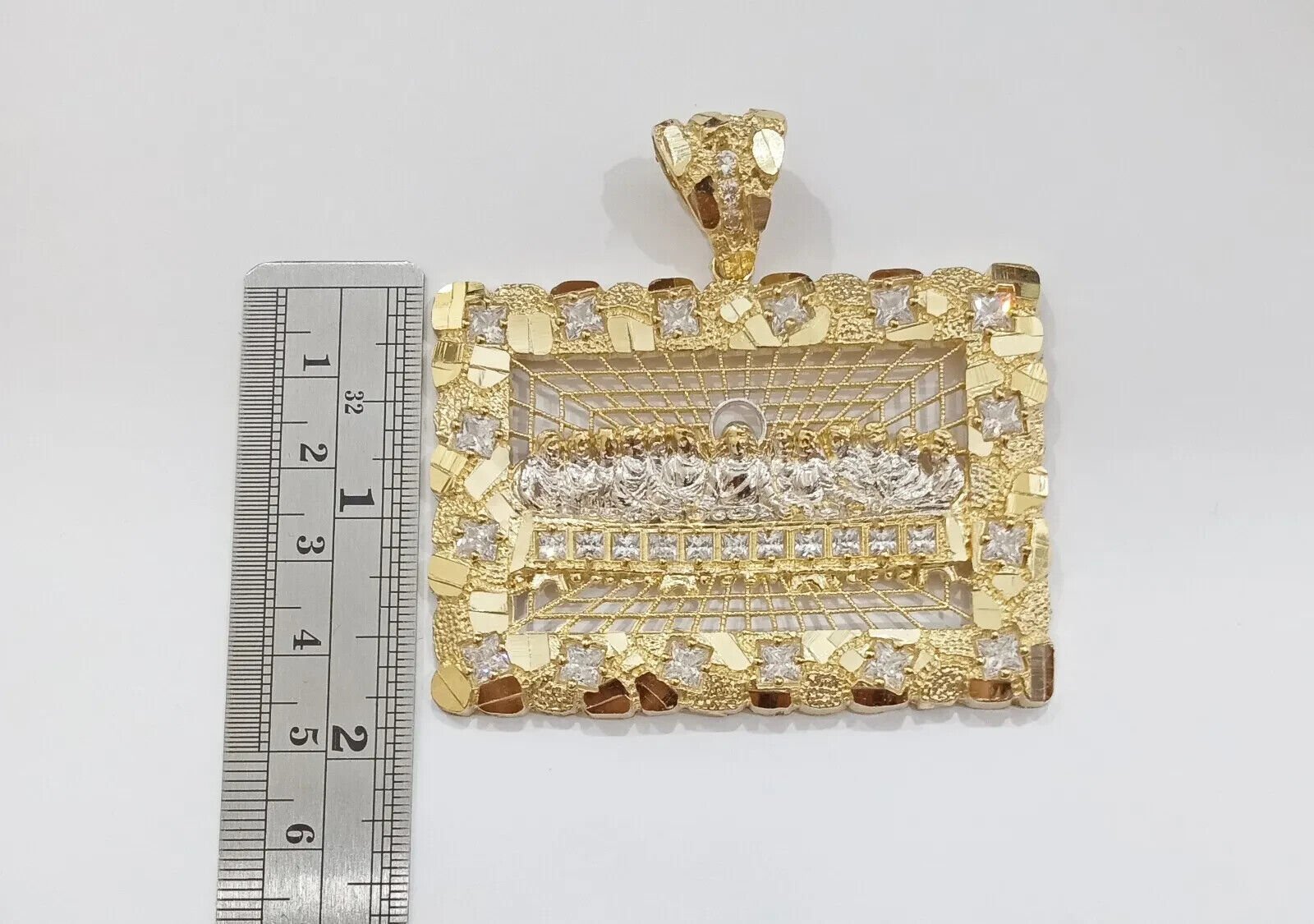 Real 14k Gold Charm Pendant Last Supper Nugget Style With Stone 14kt Yellow Gold - Reva Jeweler
