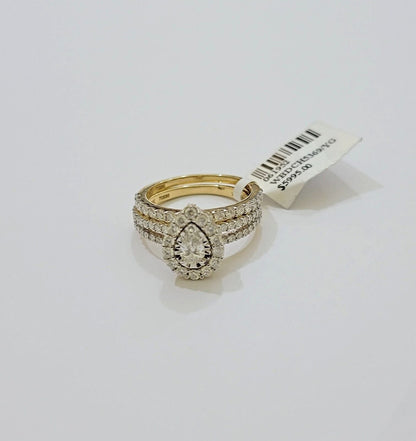 Real 14k Gold Diamond Ring band SET Ladies Engagement Wedding Pear Shape 1.50 CT - Reva Jeweler