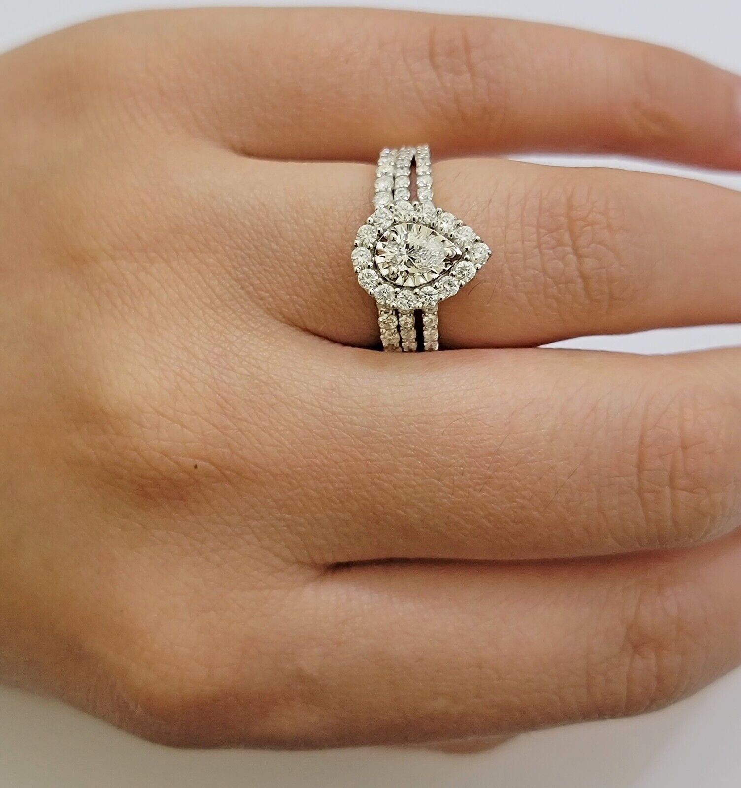 Real 14k Gold Diamond Ring band SET Ladies Engagement Wedding Pear Shape 1.50 CT - Reva Jeweler