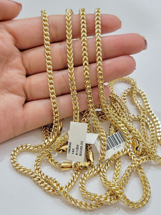 Real 14k Gold Franco Chain Mens Necklace 24" 3.5mm Diamond cuts 14kt Yellow Gold - Reva Jeweler