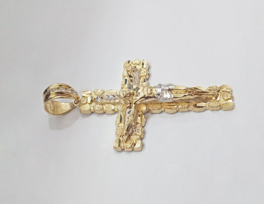 Real 14k Gold Jesus Nugget Cross Charm Pendant 2.9" inch 14kt Yellow Gold - GoldenlinQ