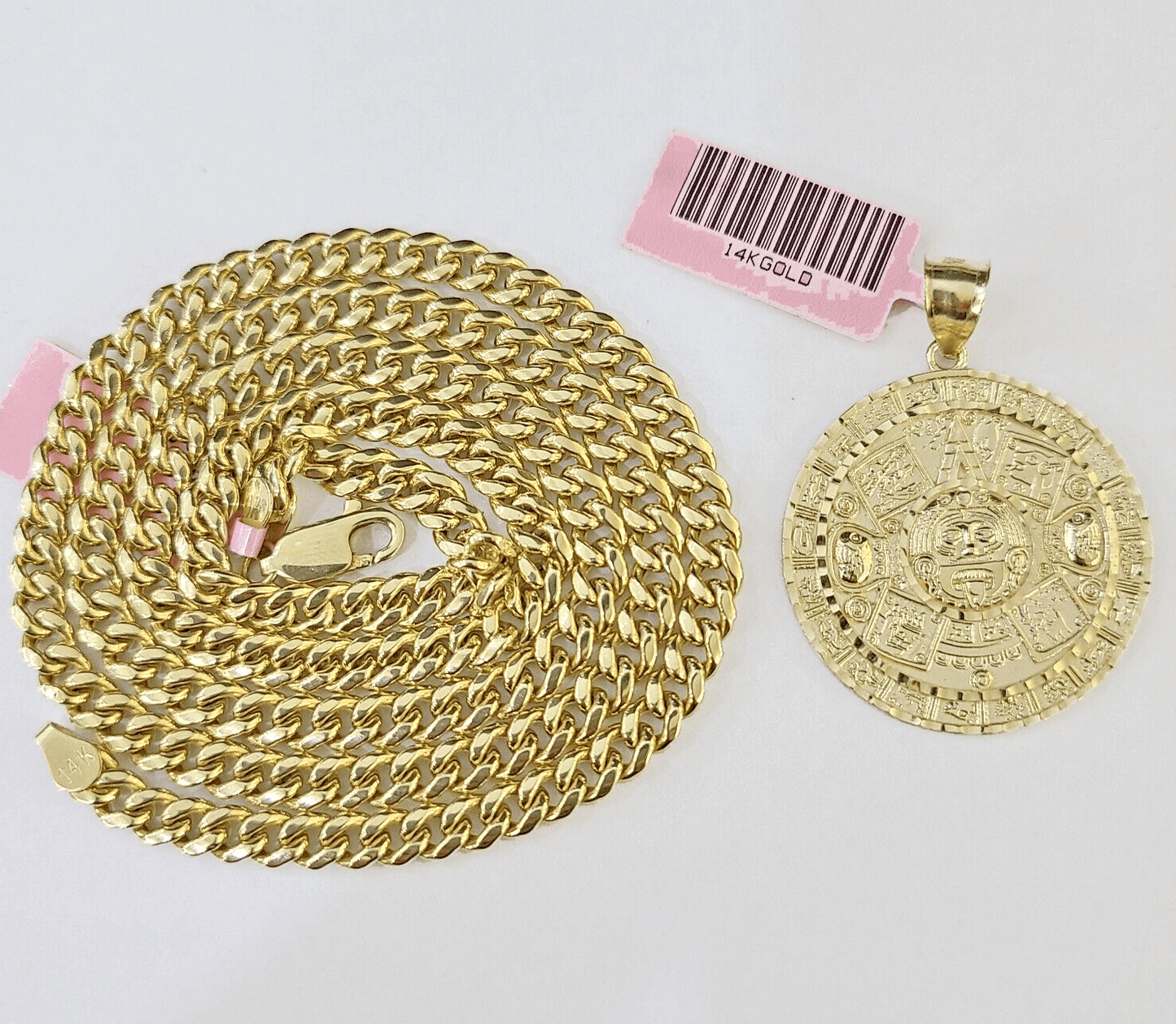 Real 14k Gold Mayan Calendar Charm & Miami Cuban Link Chain SET 5mm 20" Necklace