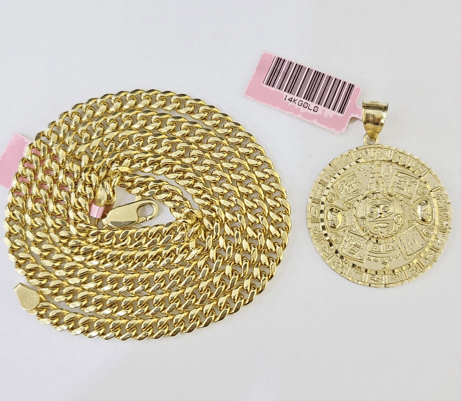 Real 14k Gold Mayan Calendar Charm & Miami Cuban Link Chain SET 5mm 20" Necklace