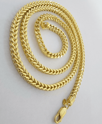 Real 14k Gold Necklace Franco Chain 4mm 26 Inch Diamond Cut Mens 14k Yellow Gold - Reva Jeweler