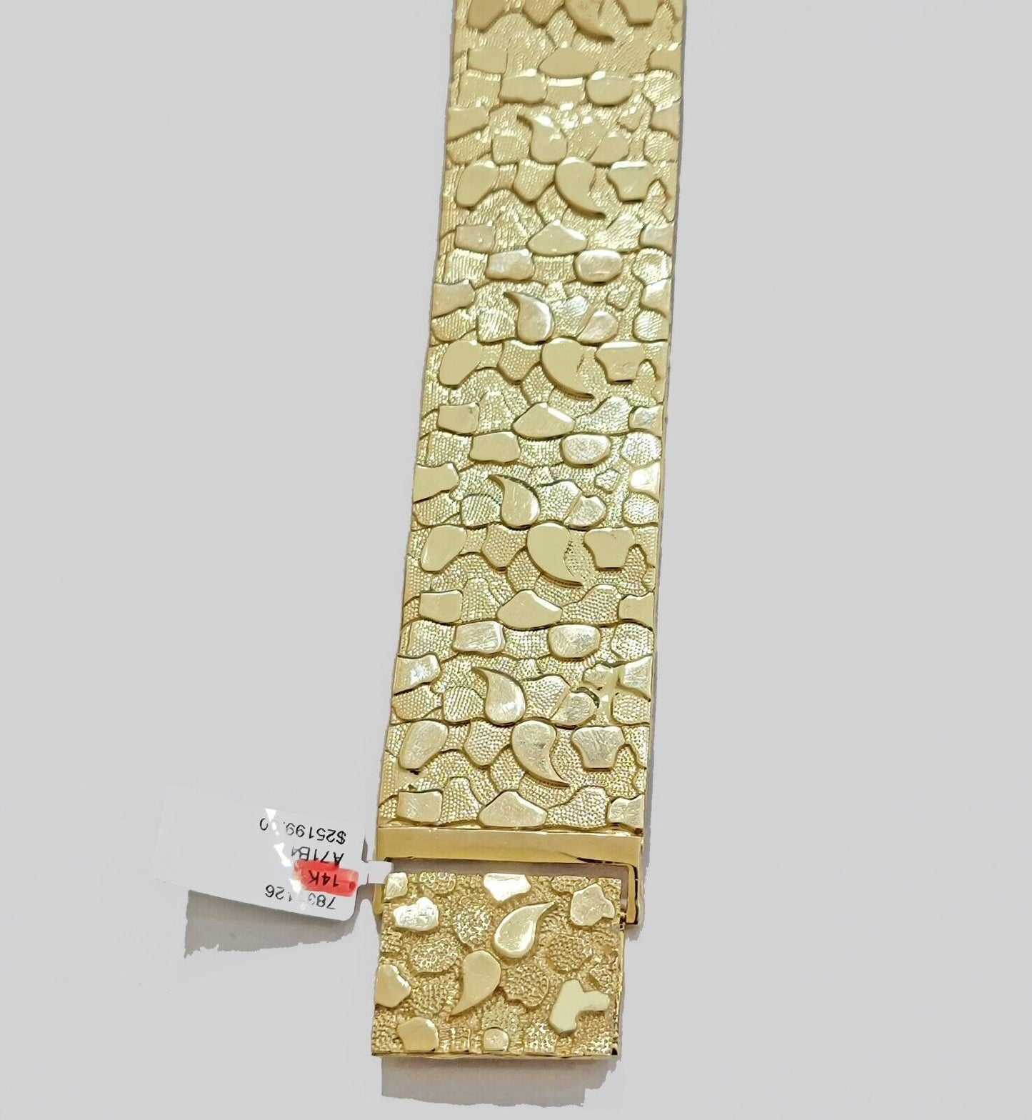 Real 14k Gold Nugget Bracelet Mens 10 Inch Long 30mm Thick Genuine 14 KT Solid - Reva Jeweler