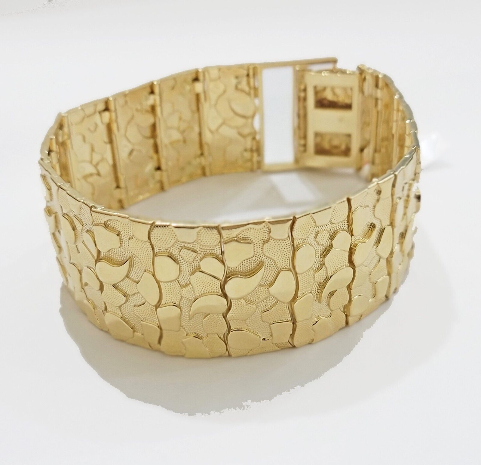 Real 14k Gold Nugget Bracelet Mens 10 Inch Long 30mm Thick Genuine 14 KT Solid - Reva Jeweler