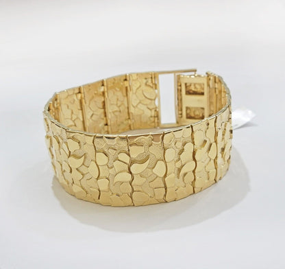 Real 14k Gold Nugget Bracelet Mens 10 Inch Long 30mm Thick Genuine 14 KT Solid - Reva Jeweler