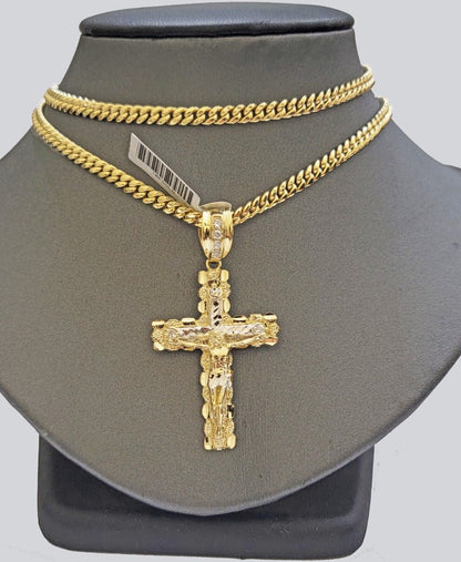 Real 14k Gold Nugget Cross pendant Cuban Link Chain 4.5mm 24" Necklace Charm Set - Reva Jeweler